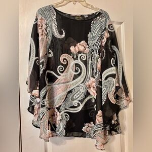 Bob Mackie 3X Black Sheer Rose Paisley Poncho Kimono topper pink floral flutter